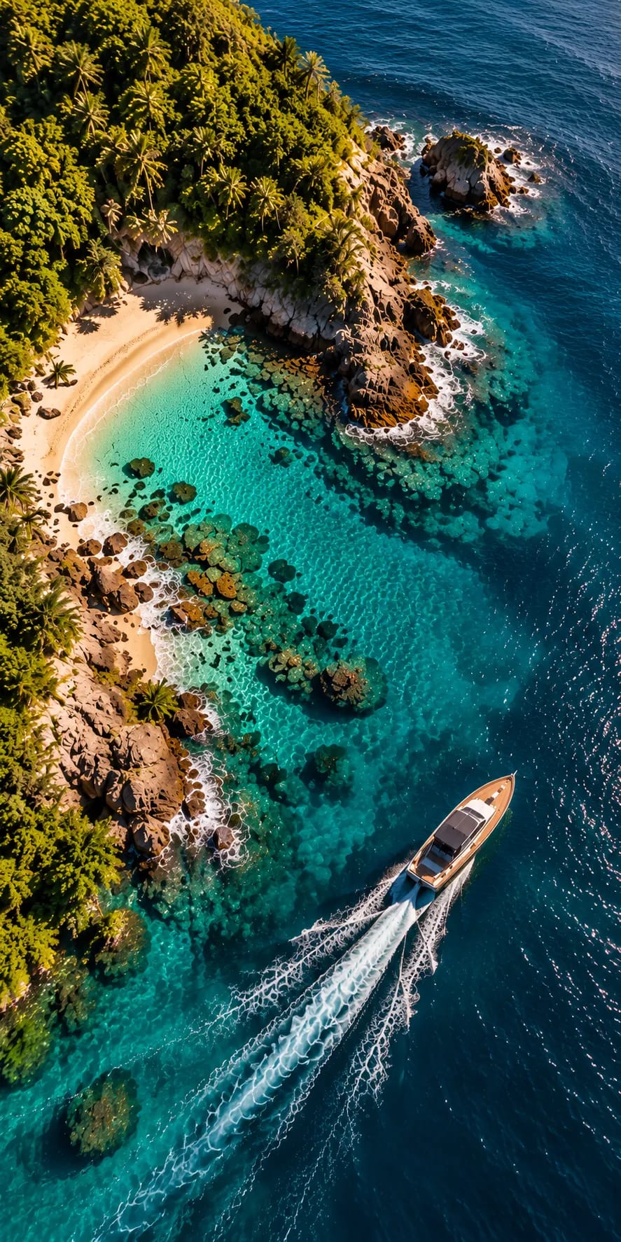 A boat leaving a beach cove on Banderas Bay